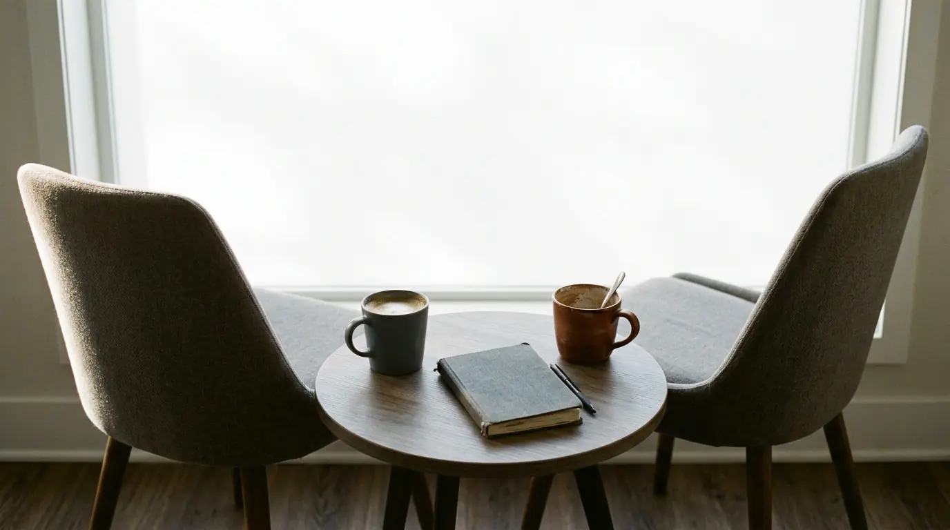 Duas cadeiras anguladas uma para a outra em volta de uma mesa pequena, em contraluz de manhã, com duas canecas usadas.