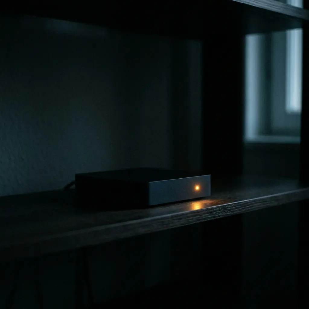Uma única luz indicadora acesa num equipamento, sozinha numa sala escura à noite.