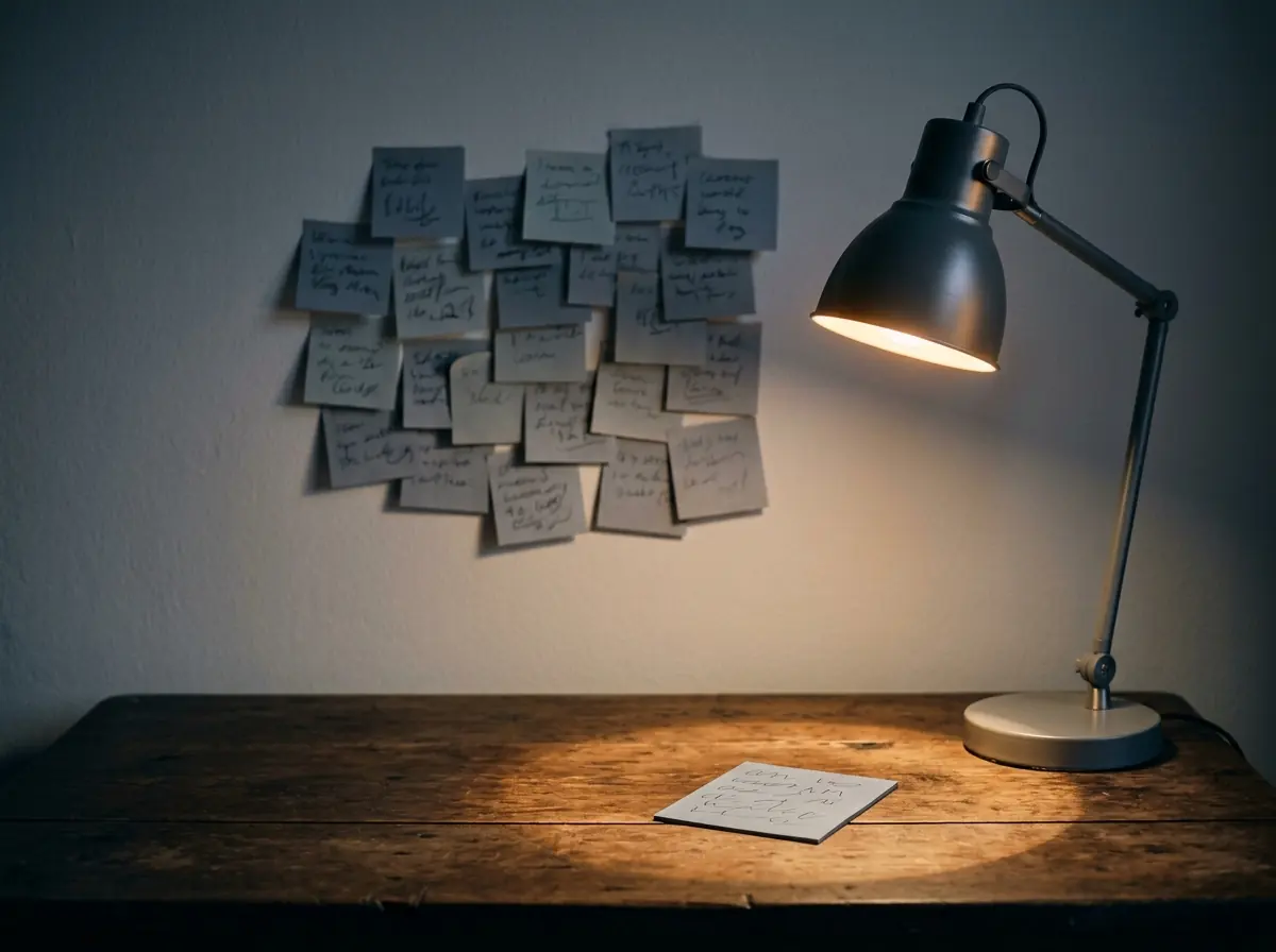 Muitas notas de papel presas na parede, no escuro, e uma única nota isolada sob a luz de uma luminária de mesa.