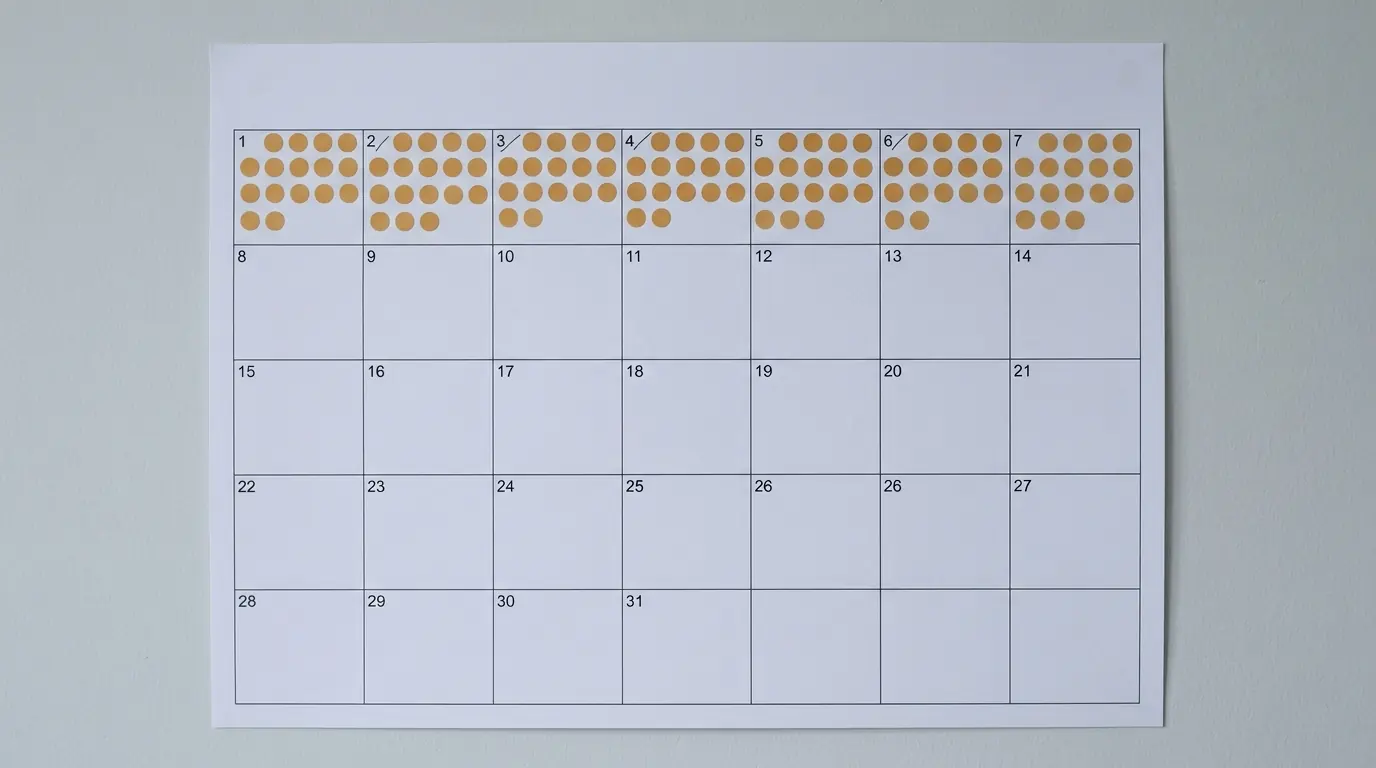Planejador de parede em que a primeira semana está coberta de adesivos e todo o resto do mês está vazio.
